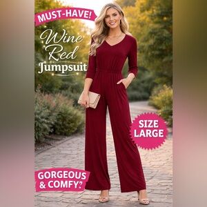 Popana Wine Red colored Jumpsuit w keyhole back & 3/4 sleeves SZ L elastic waist